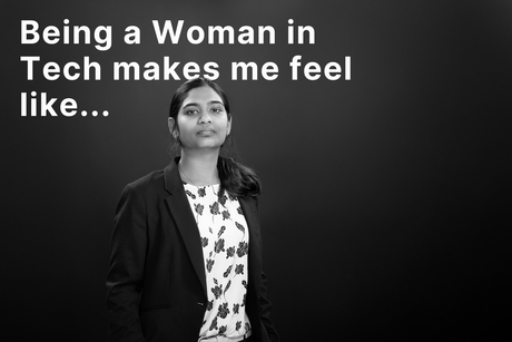 A black and white photo of HPI PhD student Arpita Kappattanavar. Next to it are her words "Beeing a woman in Tech makes me feel like ..."