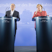 Das Kabinett zu Besuch am HPI_Digitalklausur_Pressekonferenz mit Merkel und Scholz