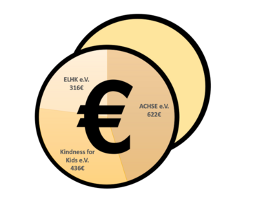 2 Euromünzen hintereinander, die vordere ist in den Spendenanteil mit dem jeweiligen Namen der Organisation unterteilt.