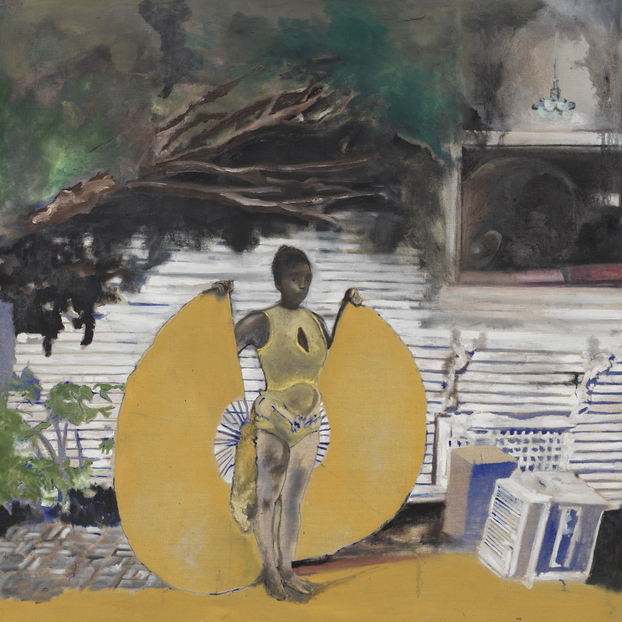 Image of the painting Iris by Noah Davis that shows women with yellow fans 