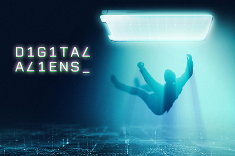 Eine abstrakte Darstellung einer schwebenden Person in einer digitalen Umgebung