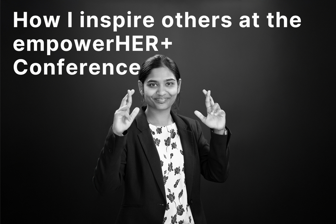 A black and white photo of HPI PhD student Arpita Kappattanavar. Next to it are her words "How I inspire others at the EmpowerHER+ Conference"