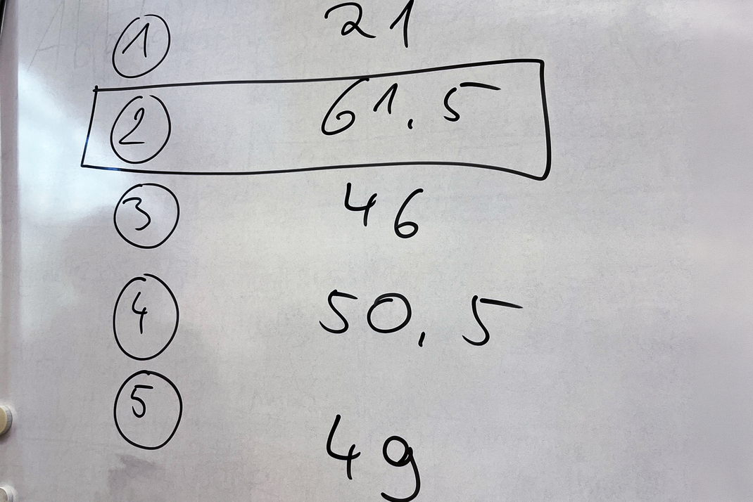 Team 1: 21 cm; Team 2: 61,5 cm; Team 3: 46 cm; Team 4: 50 cm; Team 5: 49 cm