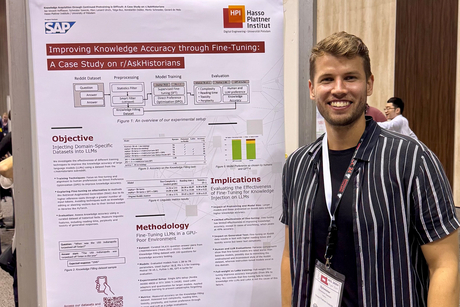 HPI master's student Sylwester Boldt in front of a scientific poster at the ACL conference 2024.
