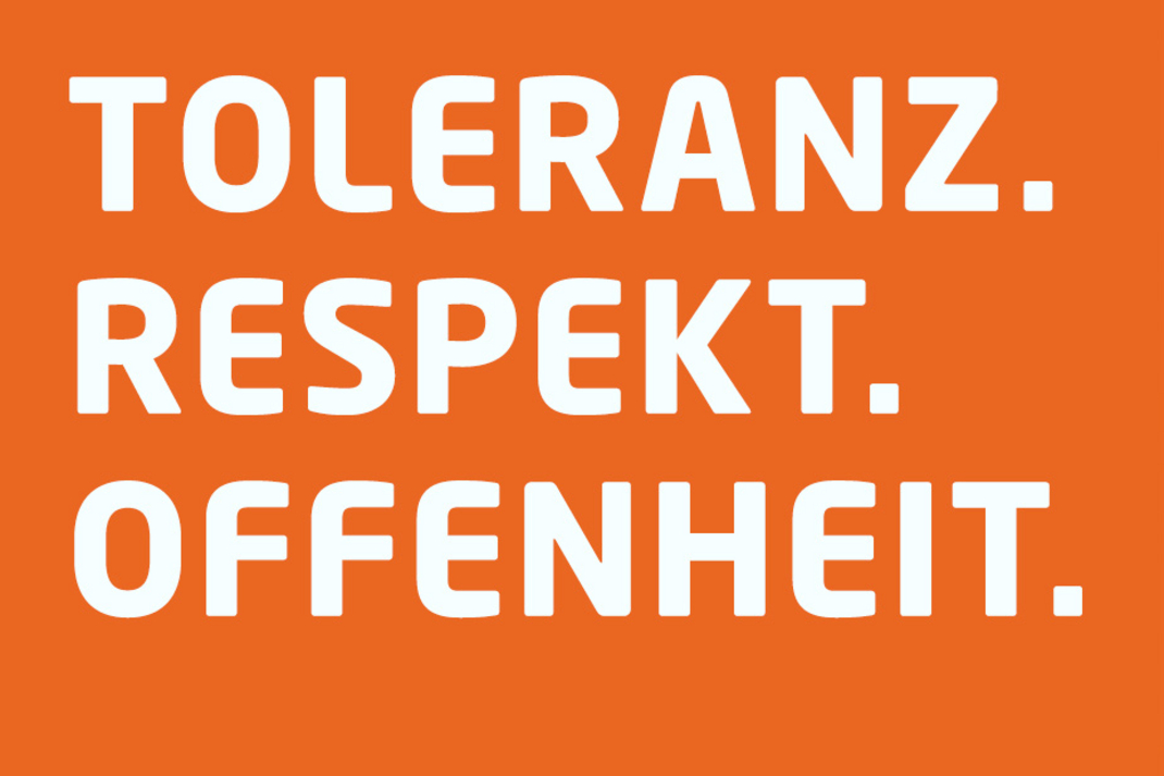 The words "tolerance" "respect" and "openness" on an orange background