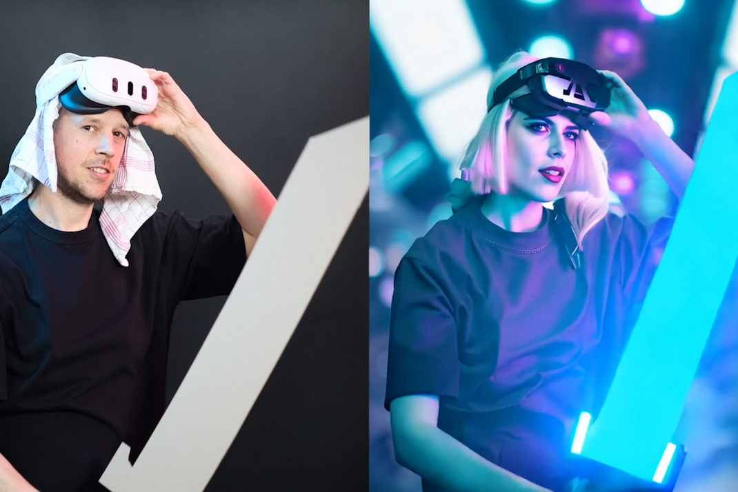 The image is divided into two parts: The left half shows Markus Wutzlhofer posing with VR glasses. The right half shows an AI-generated image of a woman in the exact same pose.