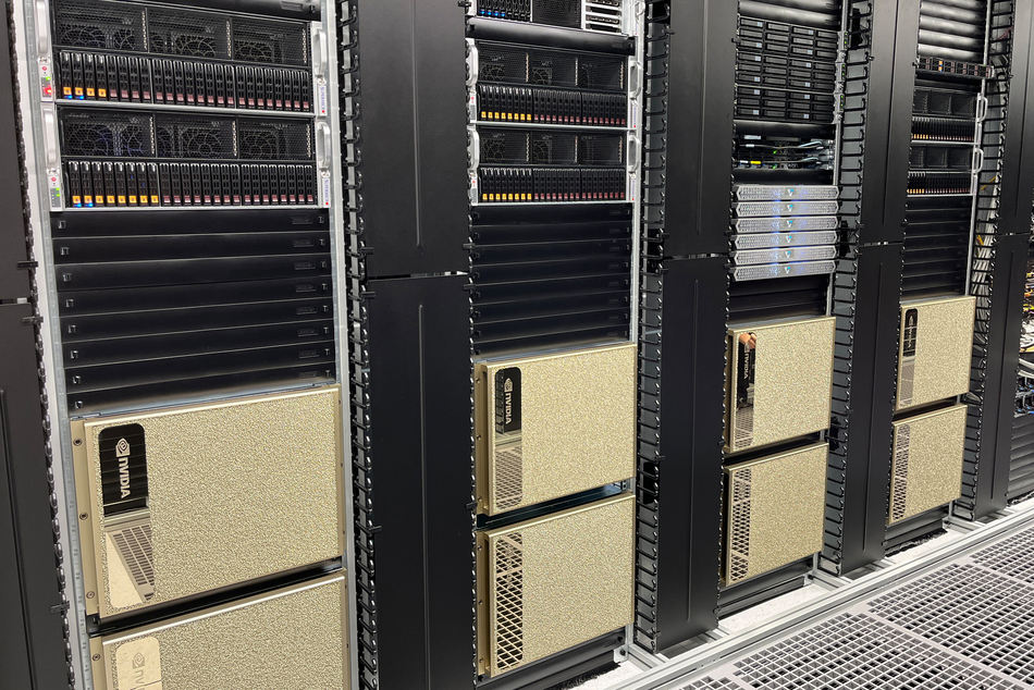 Close-up of gold-coloured server racks.
