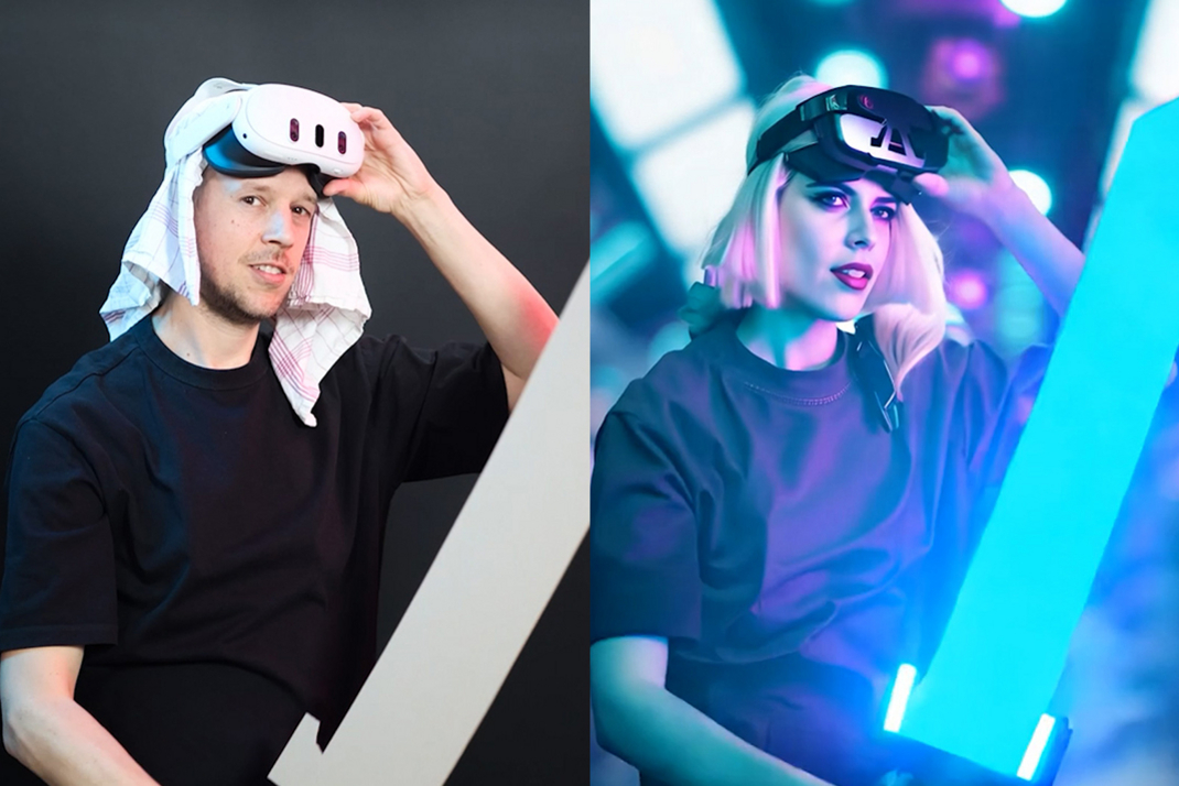 A costume made from simple props such as a towel, VR glasses, and a cardboard sword is depicted in an AI image as a character from a science fiction world with a futuristic sword.
