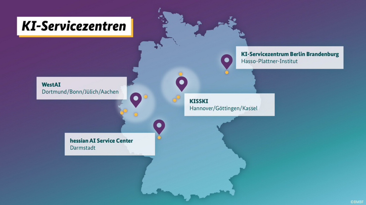 Karte der vier KI-Servicezentren in Deutschland (Abbildung: BMBF)