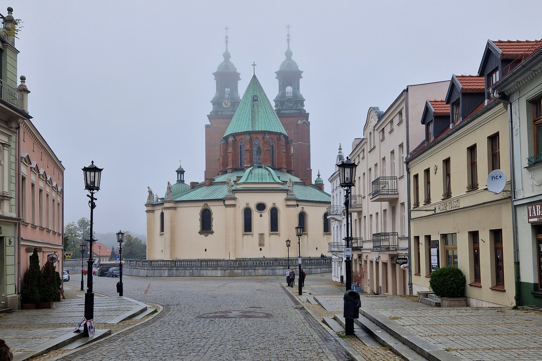 The view of a street in the old town of Gniezno, Poland