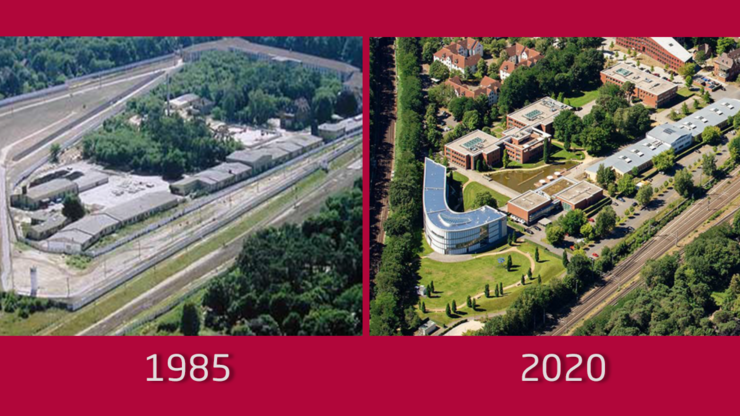 Luftaufnahme des HPI Campus Geländes 1985 und 2020