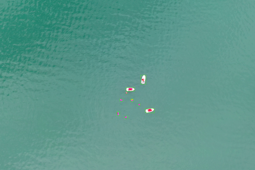 Ein Blick aus der Vogelperspektive auf drei Boote und mehrere Menschen, die im Meer schwimmen, von sehr hoch oben. Um die im Wasser schwimmenden Objekte sind grüne Rahmen gezeichnet.