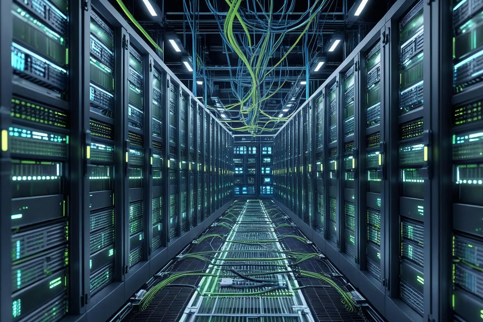 Server room with illuminated racks and cables.