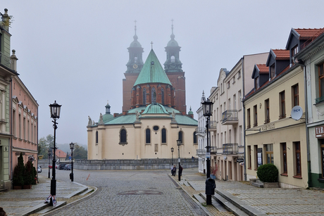 The view of a street in the old town of Gniezno, Poland