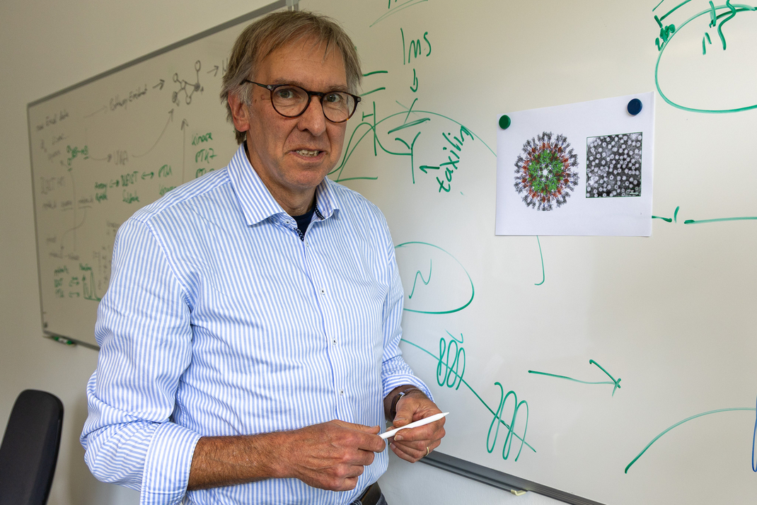 Prof. Eberhard Hildt is standing in front of a whiteboard displaying images of a virus