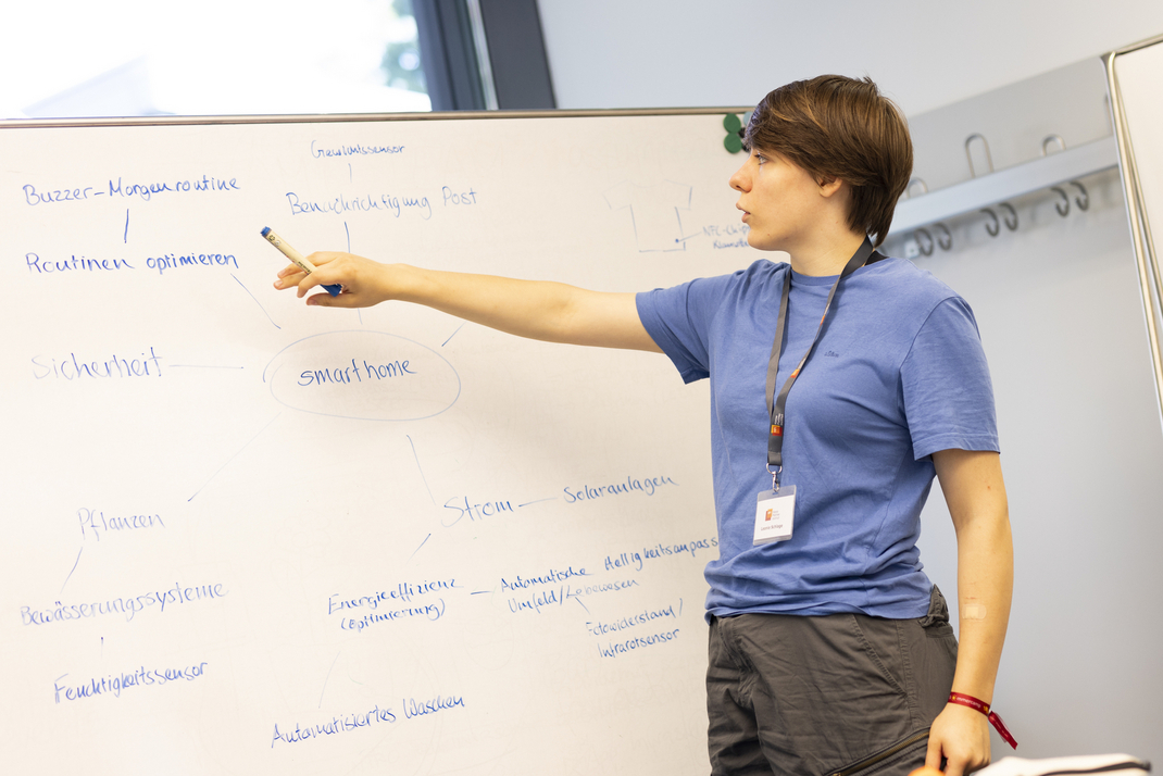 Eine der teilnehmenden Personen stellt an einem White-Board notierte Ergebnisse vor