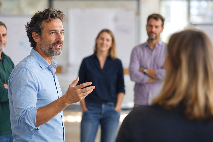 Ein Mann moderiert einen Workshop mit mehreren Personen in einem hellen Besprechungsraum.