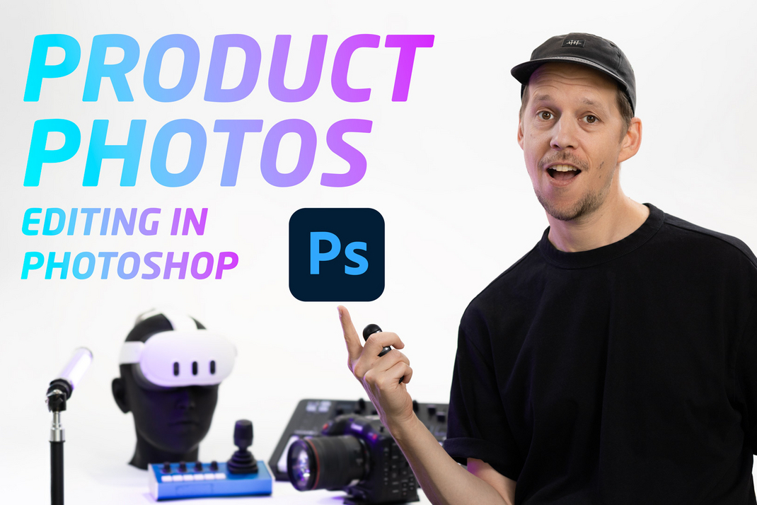 The image is a thumbnail of a YouTube Video. The thumbnail shows a photo of Markus and the caption "Product Photos Editing in Photoshop". 
