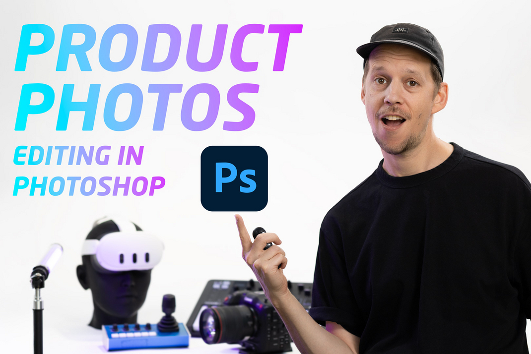 Markus Wutzlhofer auf dem Titelbild eines YouTube-Videos mit der Aufschrift "Product Photos Editing in Photoshop"
